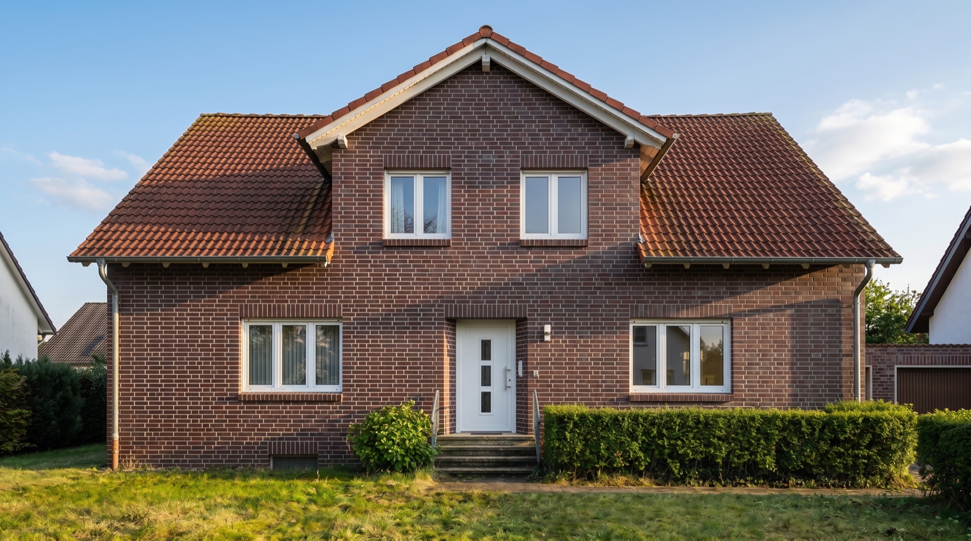 Dasselbe Haus mit fertiger Klinkerfassade nach der Sanierung